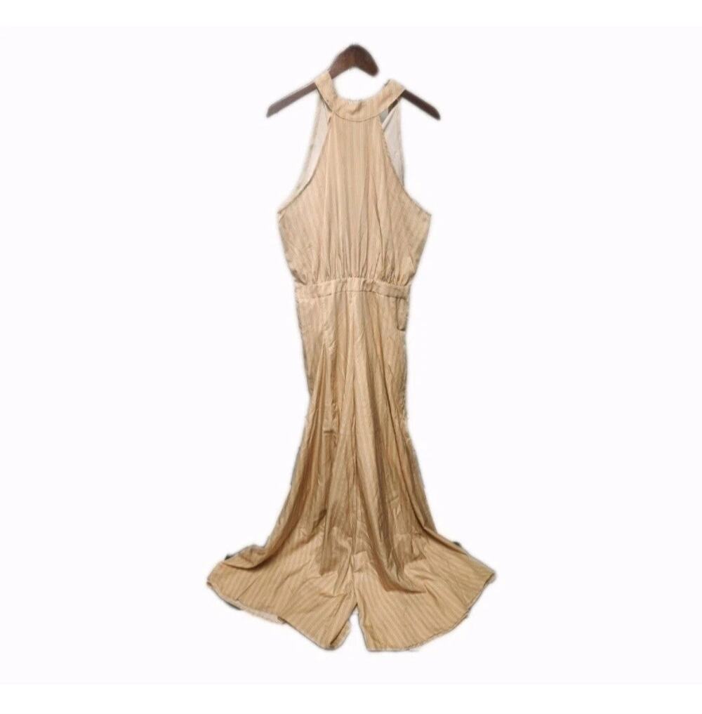 Faeriesty Beige/White Striped Halter Sleeveless Tie One Jumpsuit XL Wide Leg